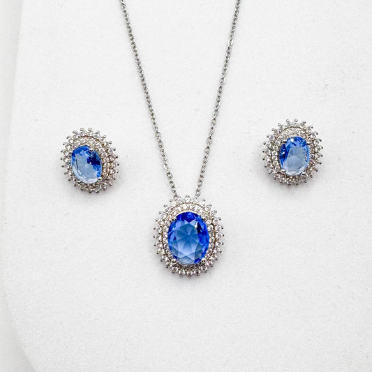 OVAL BLUE SET |  White Rhodium Plated
